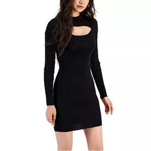 HOOKED UP Women’s Rib-Knit Cutout-Neck Mini Sweater Dress - Black